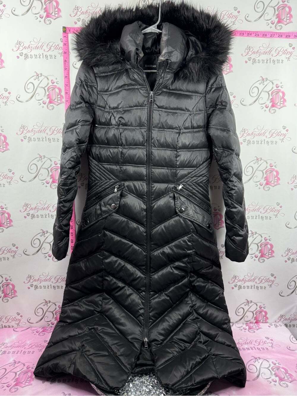 bebe coat jacket Black Long Quilted Puffer Coat Faux Fur Trim Hood feather fill